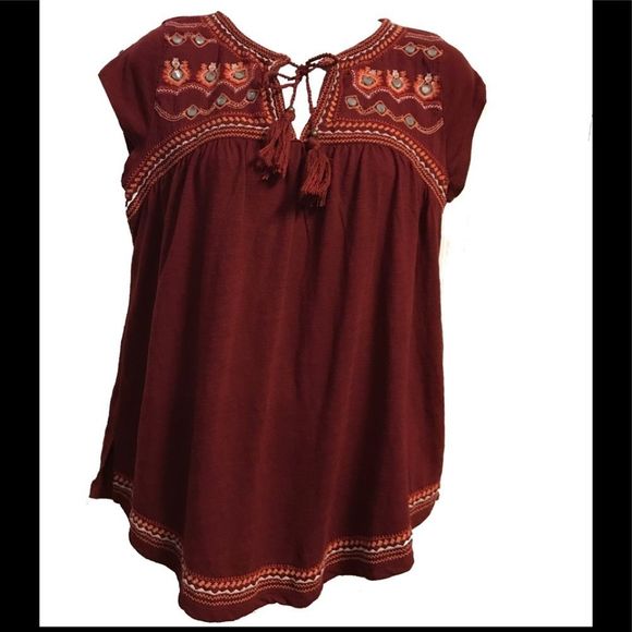 Hollister Tops - Hollister Bohemian Embroidered Peasant Floral V Neckline Tassel Top Medium Women